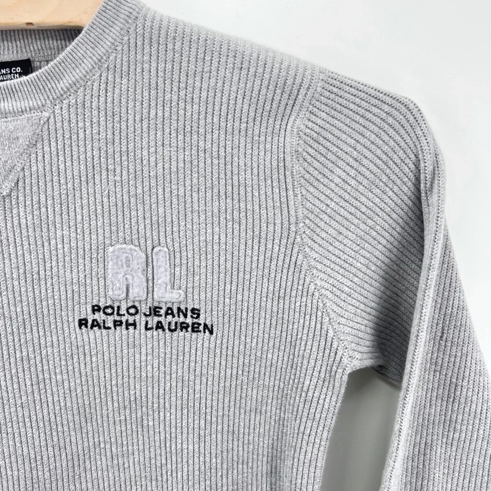 Polo Jeans Ralph Lauren Sweater Mens Large Gray Ribbed Logo Pullover VTG Y2K 90s